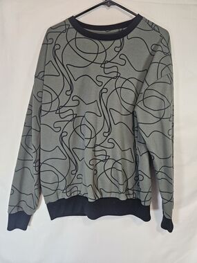 Men's Crewneck Sweater with Abstract Art Line Pattern in Green and Black